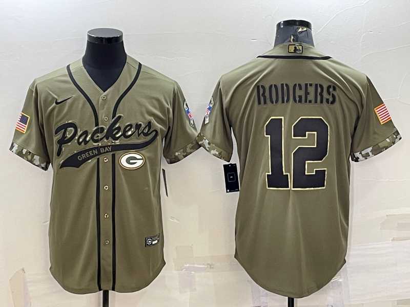 Mens Green Bay Packers #12 Aaron Rodgers Olive 2022 Salute to Service Cool Base Stitched Baseball Jersey